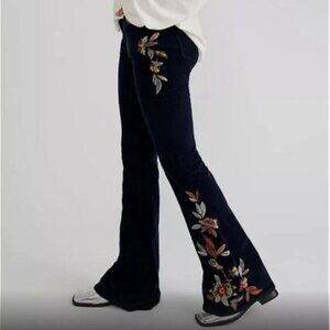 Free People x Driftwood Farrah Navy Blue Floral Embroidered Cords Flares SZ 29